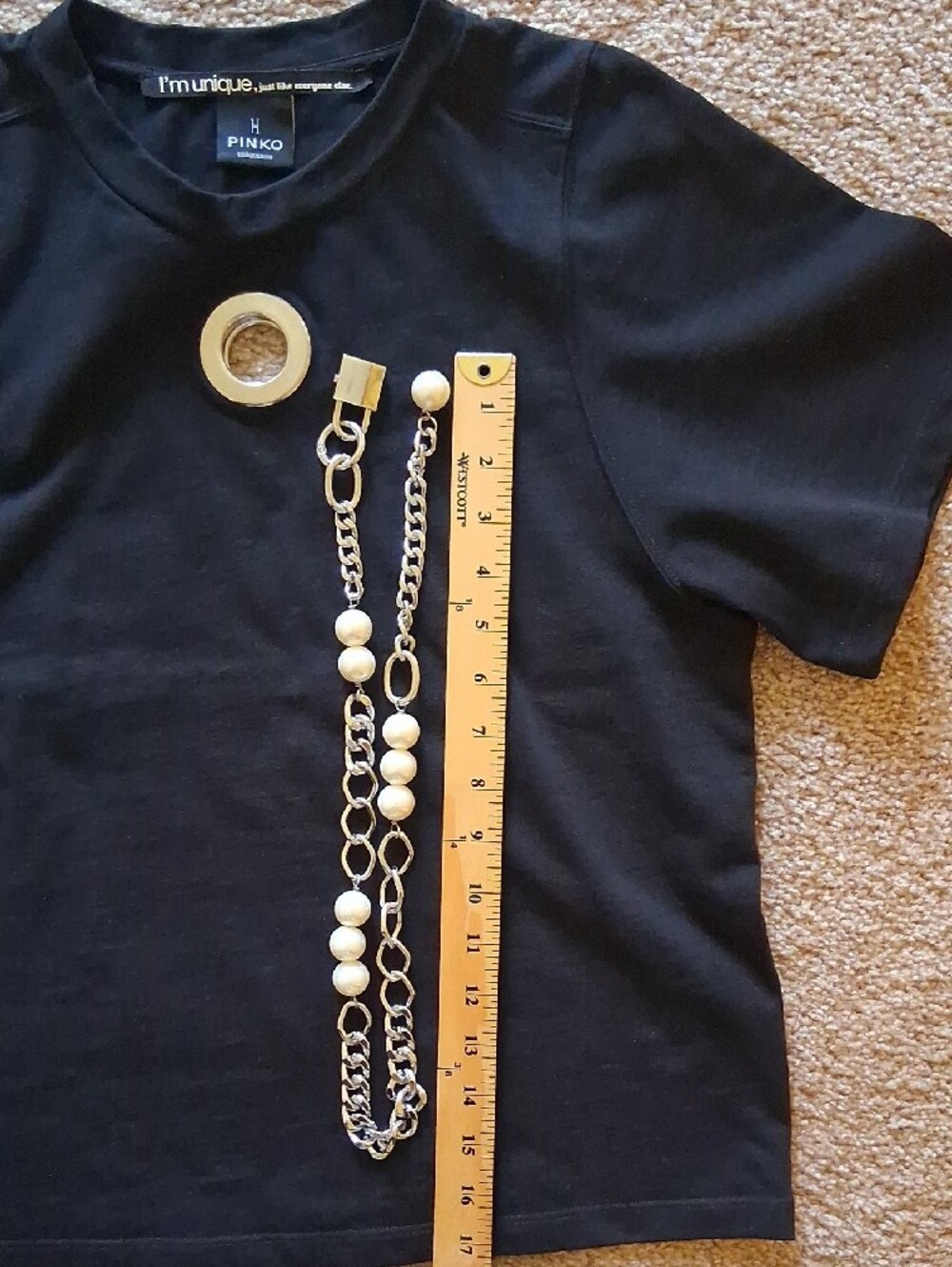 Pinko Black Short-Sleeve Tee with Pearl Neckkace Chain Accent Two Piece Set - Picture 6 of 12